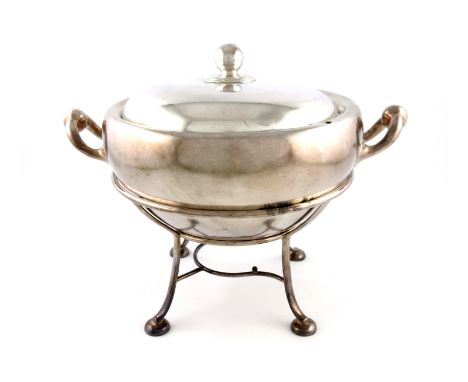 An electroplated soup tureen on stand, by Walker and Hall, circular form, plain scroll side handles, the pull-off cover with 
