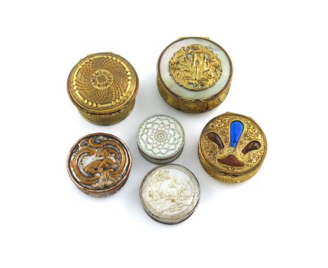 A collection of six George III old Sheffield plated and gilt metal snuff / patch boxes, unmarked, circa 1760's, circular form