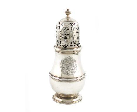 A Queen Anne silver sugar caster, by Charles Adam, London 1709, baluster form, central girdle, engraved with an armorial with