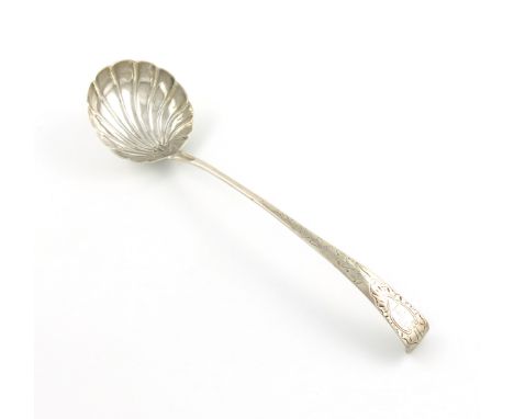 A George III Irish silver 'Hook-end' soup ladle, by Joseph Cullen, Dublin 1769, fluted circular bowl, the handle with chased 