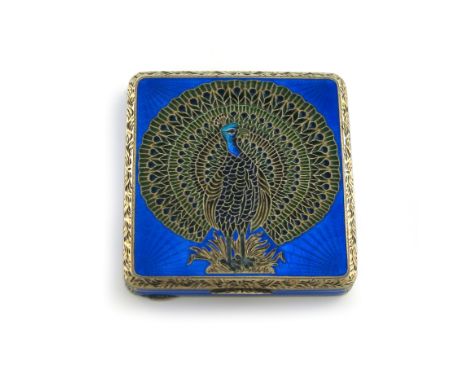 A continental silver-gilt and enamel cigarette case, with spurious Russian marks, rectangular form, the hinged cover with a p