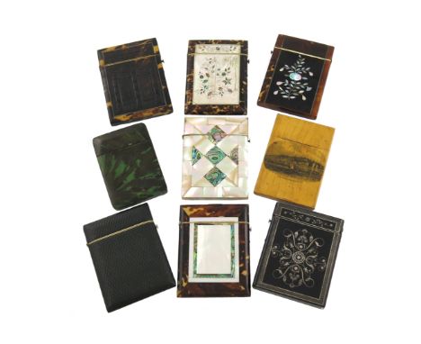 λA collection of nine 19th century card cases, various materials, comprising: a tortoiseshell case decorated with architectur