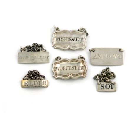 A collection of six late 18th  and 19th century silver sauce labels, various dates and makers, some unmarked, comprising: one