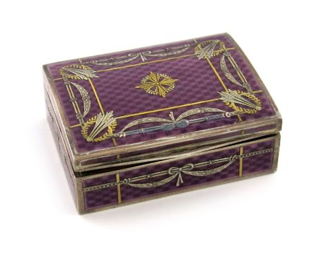 A German silver-gilt and silver-mounted enamel box, by AW, rectangular form, purple enamelled decoration, the domed hinged co