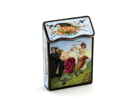 A French silver and enamel vesta case, unmarked, rectangular form, slanting hinged cover, the front enamelled with two semi-n