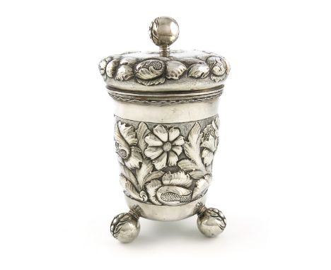 A Scandinavian silver beaker and cover, maker's mark Ax. S, probably Norwegian, in the seventeenth century manner, tapering c