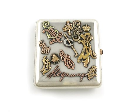 A Russian silver cigarette case, 1896-1908, rectangular form, the back and front applied with various yellow metal monograms,