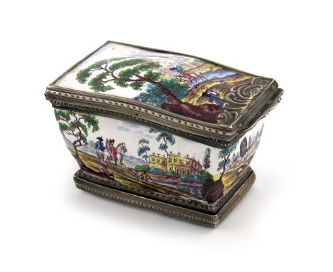 A continental silver and enamel double snuff box, the mount marked with a French control mark, possibly 19th century, cushion