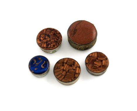 λA collection of five George III old Sheffield plated and gilt metal snuff / patch boxes, unmarked, circa 1760's, circular fo