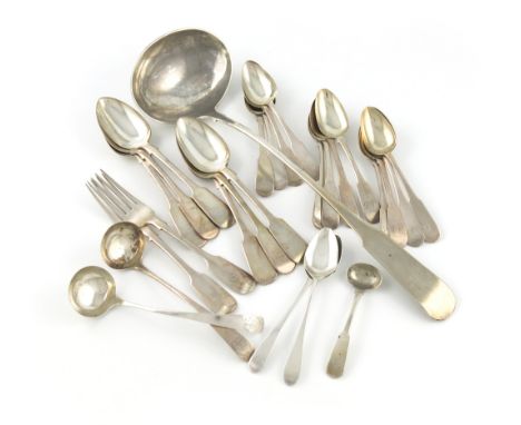 A collection of George III-Victorian Scottish silver Fiddle pattern flatware, various dates and makers, comprising: a soup la