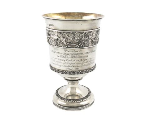 A George III large presentation silver goblet, by Thomas Gairdner, London 1818, campana form, chased vine leaf border, and wi