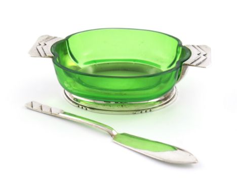 By R. E. Stone, an Art Deco silver butter dish and associated butter knife, , London 1938, the knife London 1934, the butter 