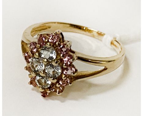 YELLOW GOLD, PINK SAPPHIRE &amp; AQUAMARINE RING - SIZE O