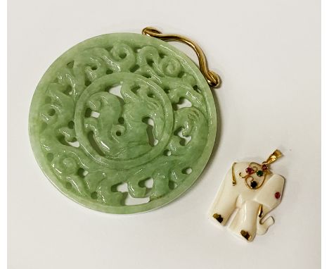 JADE PENDANT WITH 9CT TOP WITH A 14CT ELEPHANT MULTI GEMSTONE PENDANT