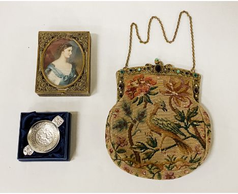 LADIES TAPESTRY ORNITHOLOGICAL EVENING BAG WITH A MINIATURE BOX &amp; A METAL QUACH