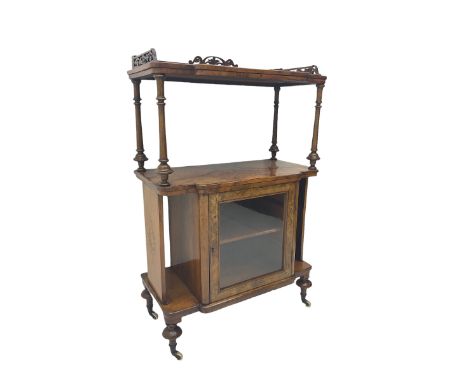 Victorian figured walnut breakfront etagere stand, fretwork gallery back, two tiers with figured book matched veneers over si