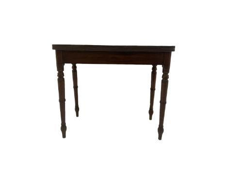 19th century mahogany tea table, fold-over rectangular top with rounded corners, on turned supports, single gate-leg action b