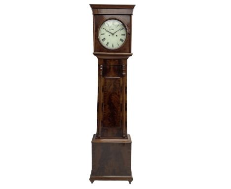 A Scottish mahogany veneered longcase c1820 with a flat top and convex moulding beneath, square hood door with a circular gla