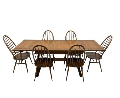 Ercol - medium elm drawer leaf extending dining table, and six stick back chairsDimensions: Height:&nbsp;76cm&nbsp; Length/Wi