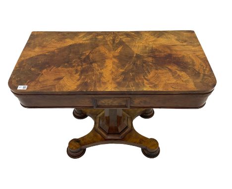 Victorian highly figured mahogany card table, fold over top, pedestal baseDimensions: Height:&nbsp;78cm&nbsp; Length/Width:&n