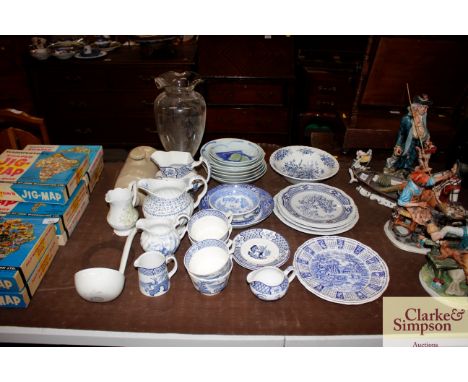 A quantity of various blue and white china; Japanese pattern dishes; stone glazed hot water bottle; glass vase; and a china l