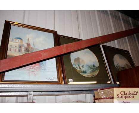 A pair of coloured prints depicting Norwich Castle; and a continental oil on canvas depicting a harbour scene 