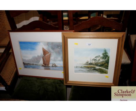 Watercolour study, Thames river barges and a pencil signed limited edition print 