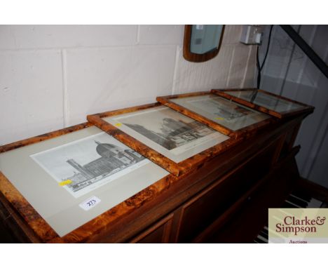 Four framed black and white prints depicting views of Florence in simulated burr walnut frames 