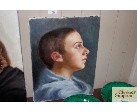 Oil on canvas, head and shoulders portrait of a young child unframed&nbsp;