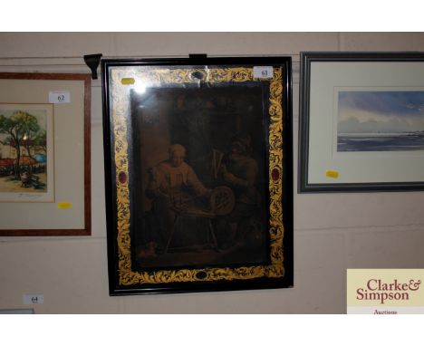 A 19th Century print of a lady and gentleman spinning contained&nbsp; in decorative frame