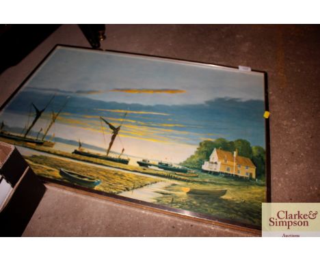 A coloured print of Pin Mill at Sunset