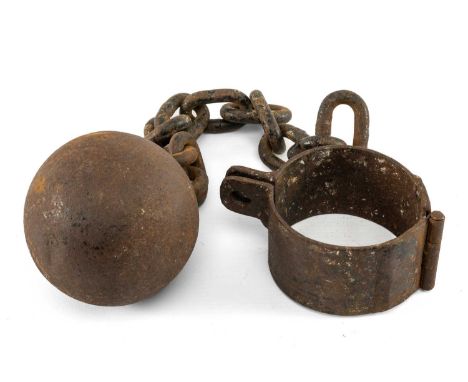 THE POLICE CLUB HOUSE: VINTAGE PRISONER'S CAST IRON BALL & CHAIN, 65cms longProvenance: private collection CarmarthenshireCom