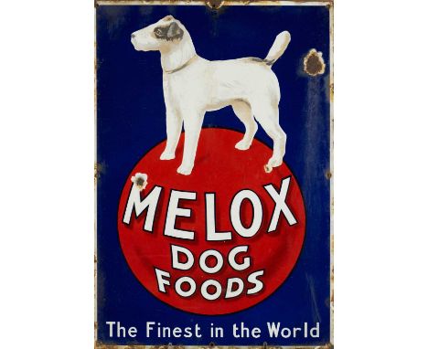 THE ADVERTISING CLUB HOUSE: VINTAGE "MELOX DOG FOODS" ENAMEL SIGN, white lettering on blue/red ground, further subtitled "The