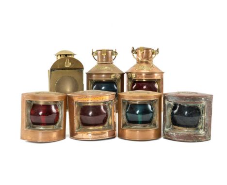 THE MARITIME / MARINE / NAVAL CLUB HOUSE: FOUR SIMILAR SMALL COPPER SHIPS LAMPS, two marked 'Port', two marked 'Starboard', 1