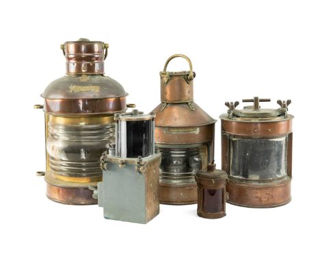 THE MARITIME / MARINE / NAVAL CLUB HOUSE: VINTAGE COPPER SHIP'S LAMPS comprising large 'Masthead' example, 50cms high, medium