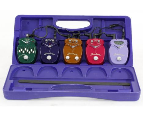 Five Danelectro mini guitar pedals including chromatic tuner, T-bone distortion, Rocky Road spinning speaker, Corned Beef rev