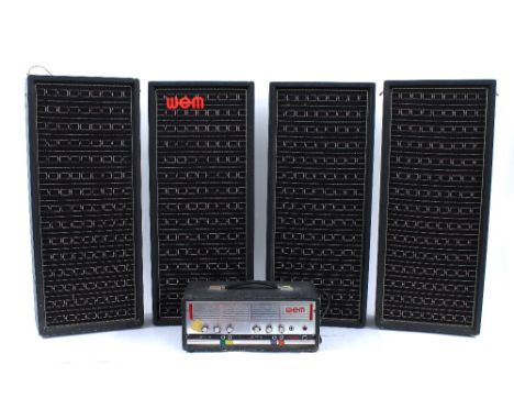 Watkins WEM PA100 amplifier with a matching set of four 3 x 8" 24 ohm speaker cabinets, the cabinets linked in pairs and stac