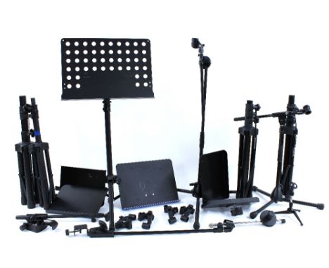 Selection of music and audio stands to include PA speaker stands, microphone stands, music ledges and clamps