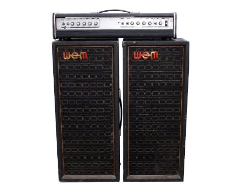 Pair of Watkins WEM 12 ohm 2 x 12 column speaker cabinets; together with a Carlsbro power module amplifier unit