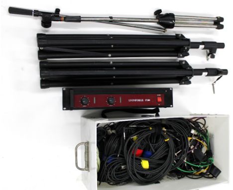 Lyonforge P200 power amplifier; together with a pair of Ibiza PA speakers, a microphone stand and a selection of mic leads an