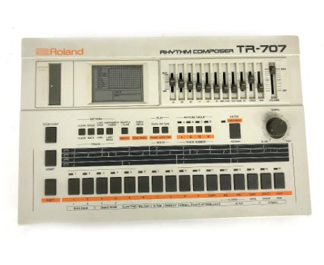 Roland TR-707 Rhythm Composer drum machine, made in Japan, ser. no. 589011, with manual and power lead 