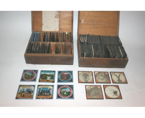 MAGIC LANTERN & GLASS SLIDES 2 wooden boxes containing a variety of glass slides, some with labels. Including All around the 