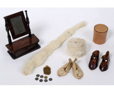 JUMEAU SHOES &amp; DOLL ACCESSORIES including a wonderful pair of Jumeau Bebe white silk shoes with leather soles, a pair of 