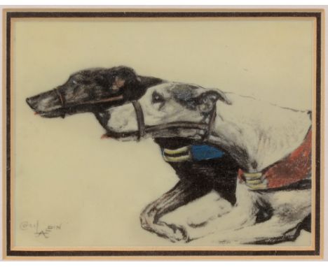 AFTER CECIL ALDIN GREYHOUNDS RACING Print on ivorine, finished by hand 9 x 12cm.
