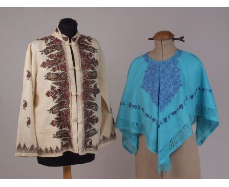 A VINTAGE KASHMIR WOOL EMBROIDERED JACKET AND CAPE. A cream white wool jacket embroidered in colourful crewel work, buttoned 