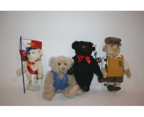 STEIFF TEDDY BEARS 4 Steiff Bears in bags, Golfer Teddy (2067 of 3000), Black Jack (870 of 1500), Kristall (273 of 1500), and