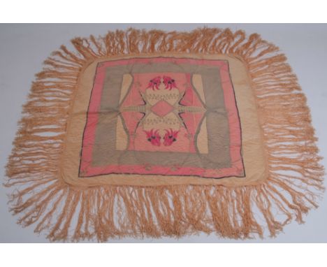A SILK  BATIK PRINTED PIANO SHAWL Soft heavy vintage silk with coral, gold, green, crimson and black batik print. With a long