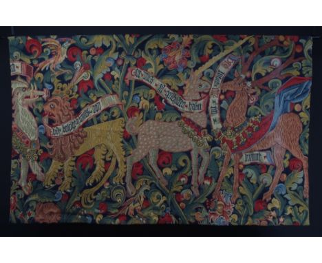 A C20TH HAND LOOMED MEDIEVAL TAPESTRY This large wall hanging tapestry has been hand loomed from wool in vivid colours portra