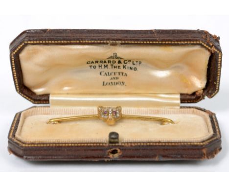 GOLD & DIAMOND FOX MASK STOCK PIN set with rose cut diamonds and ruby eyes (unmarked), and in a box for Garrard & Co Ltd, To 