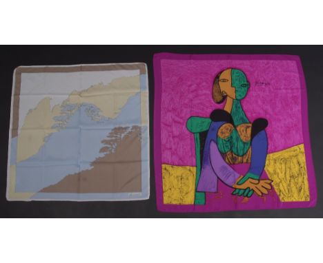 A CHRISTIAN DIOR HANDBAG, SILK SCARVES & SHAWL A green leather shoulder bag, Labelled 'Christian Dior' never used. A 'Picasso